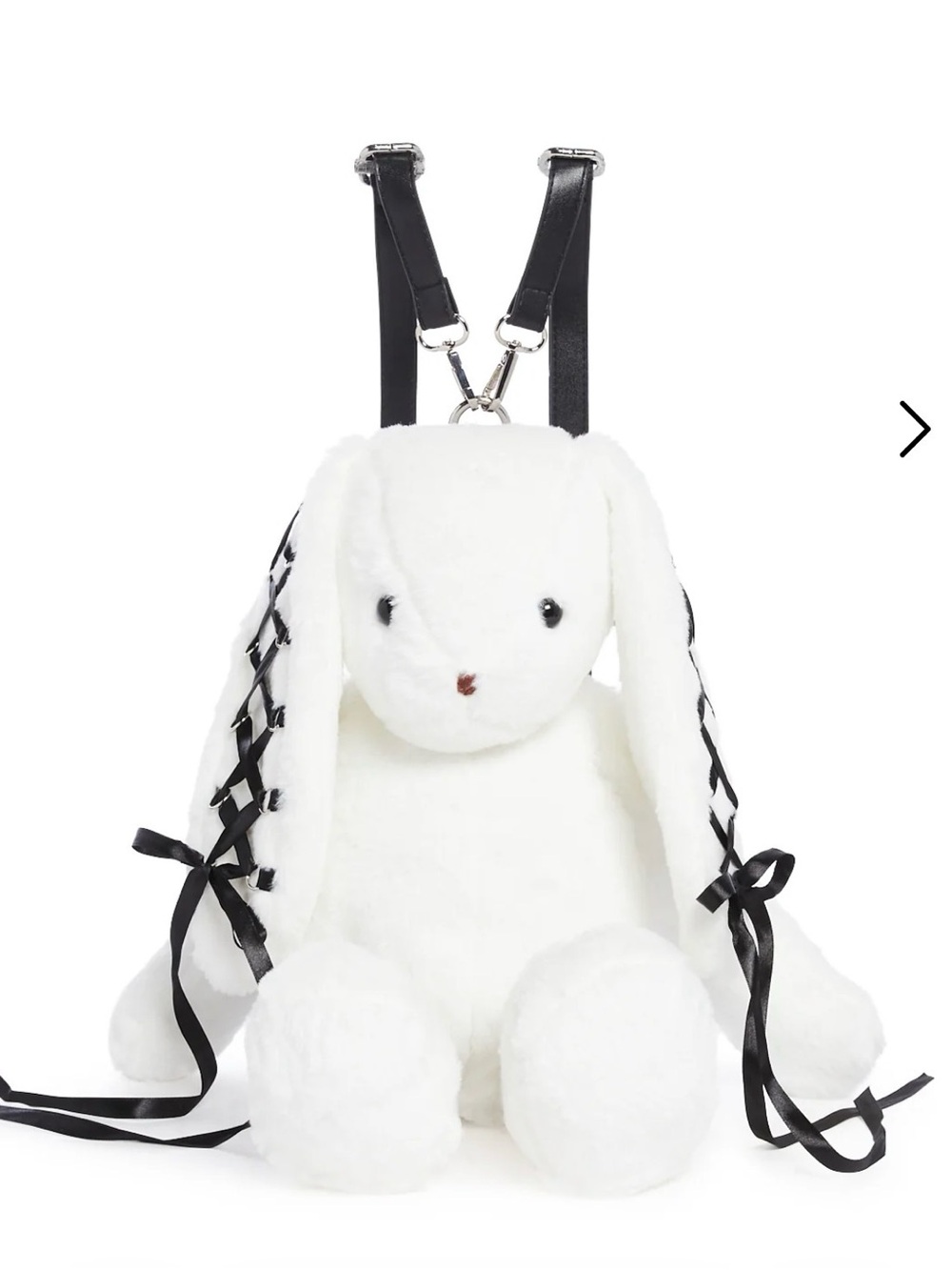 Dolls Kill White Plush Bunny Backpack with Black Ribbon Lacing